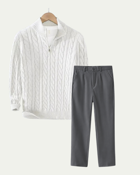 Men's Knitted Quarter Zip Co-ord Set - Cable Knit Jumper and Trousers - White / Grey