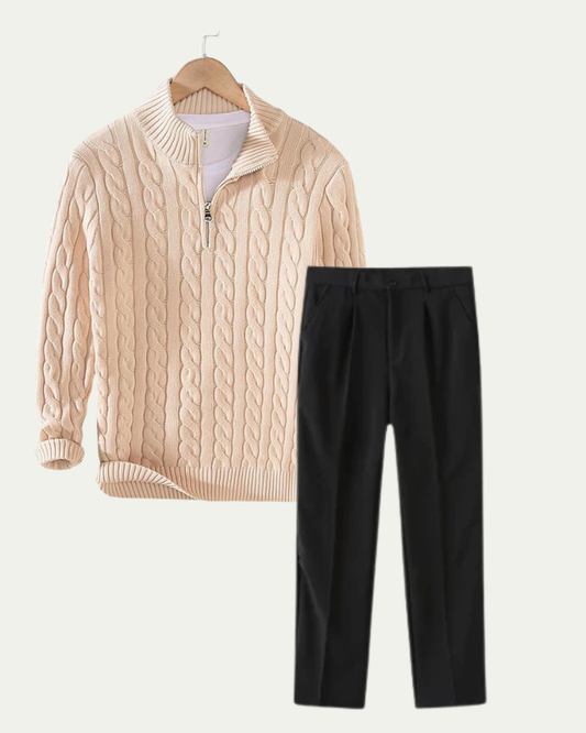 Men's Knitted Quarter Zip Co-ord Set - Cable Knit Jumper and Trousers - Beige / Black