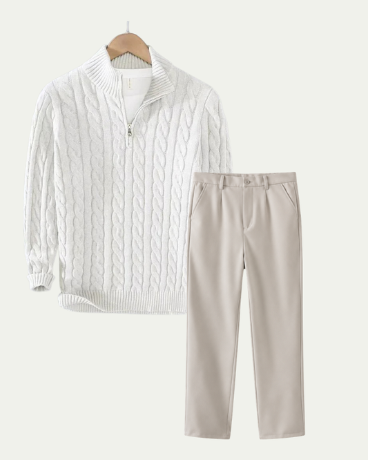 Men's Knitted Quarter Zip Co-ord Set - Cable Knit Jumper and Trousers - White / Beige