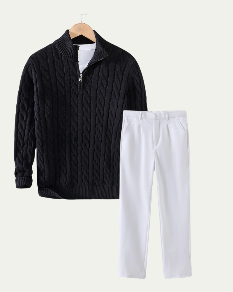 Men's Knitted Quarter Zip Co-ord Set - Cable Knit Jumper and Trousers - Black / White