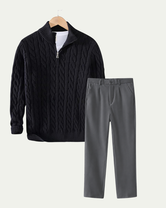Men's Knitted Quarter Zip Co-ord Set - Cable Knit Jumper and Trousers - Black / Grey