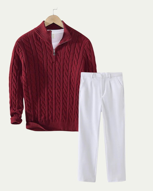 Men's Knitted Quarter Zip Co-ord Set - Cable Knit Jumper and Trousers - Burgundy / White