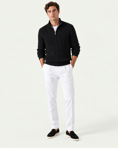 Men's Knitted Quarter Zip Co-ord Set - Cable Knit Jumper and Trousers - Black / White