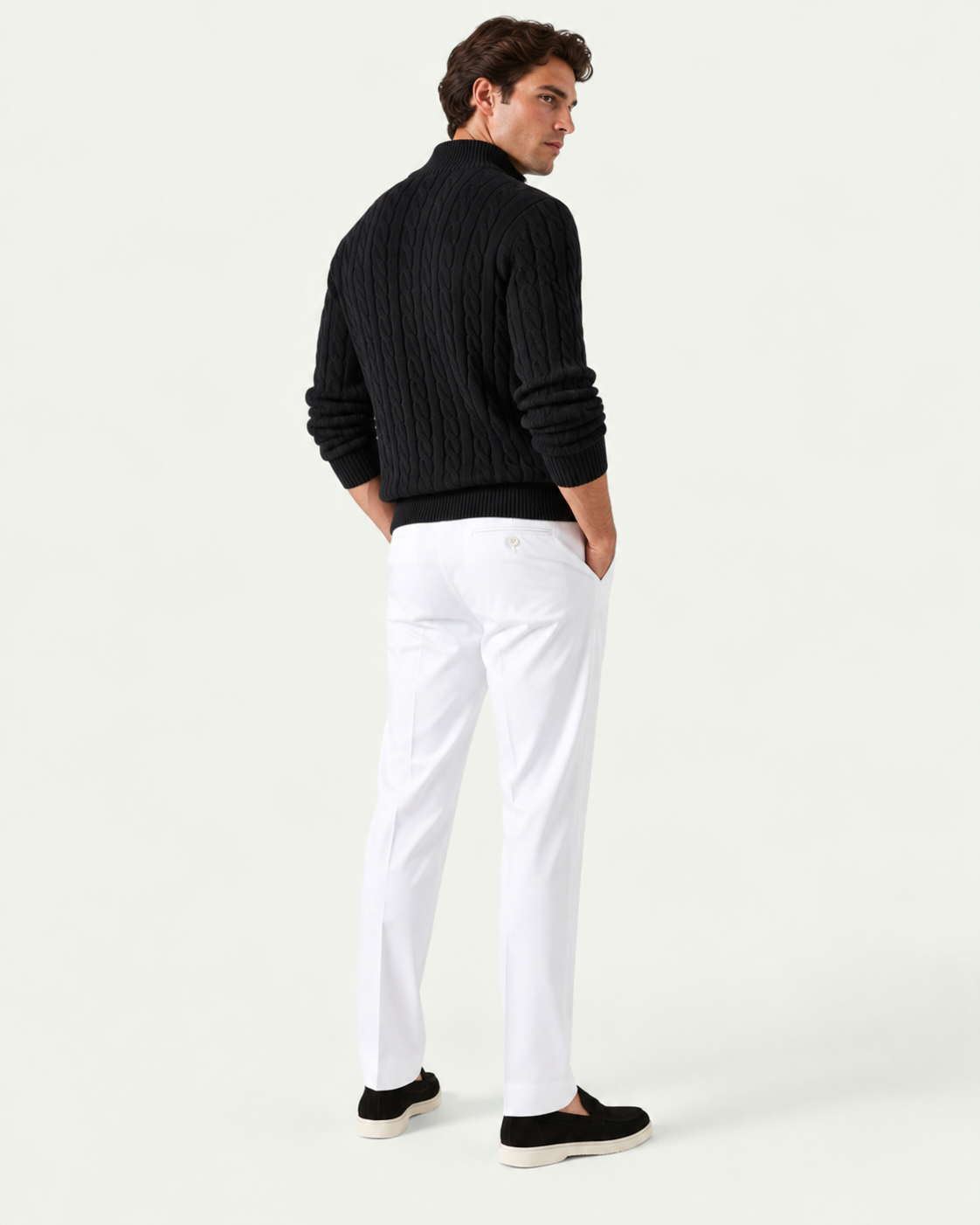Men's Knitted Quarter Zip Co-ord Set - Cable Knit Jumper and Trousers - Black / White