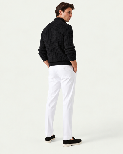 Men's Knitted Quarter Zip Co-ord Set - Cable Knit Jumper and Trousers - Black / White