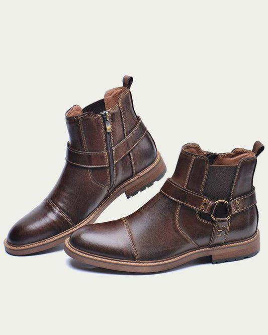 Men's Harness Chelsea Boots - Side Zip, Cap Toe - Dark Brown