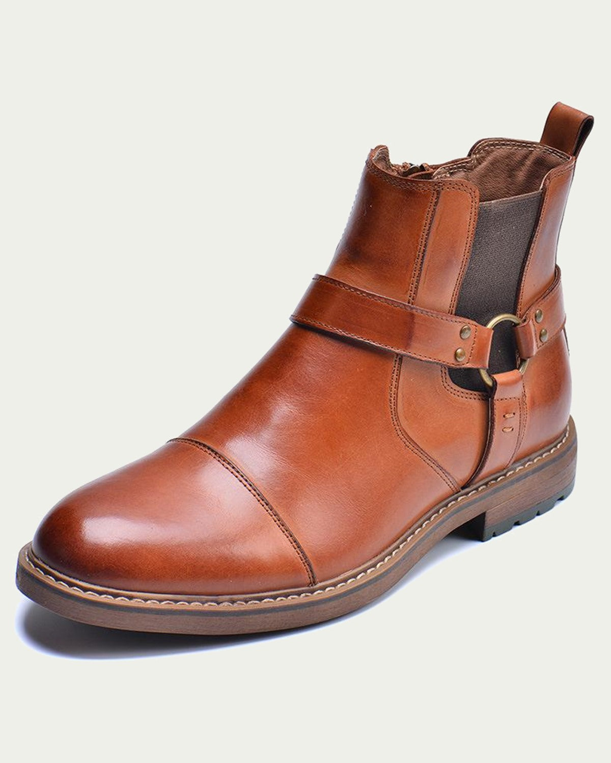 Men's Harness Chelsea Boots - Side Zip, Cap Toe - Tan