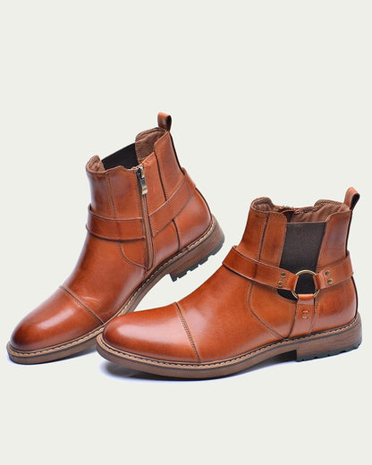 Men's Harness Chelsea Boots - Side Zip, Cap Toe - Tan