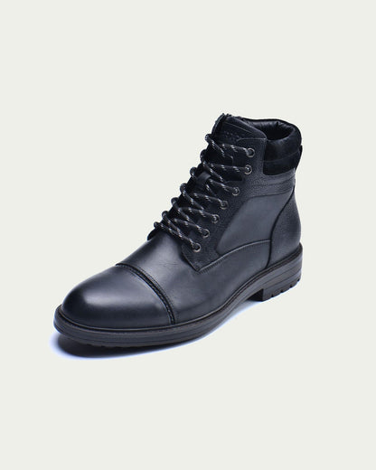 Men's Leather Lace-Up Ankle Boots - Cap Toe, Side Zip - Black