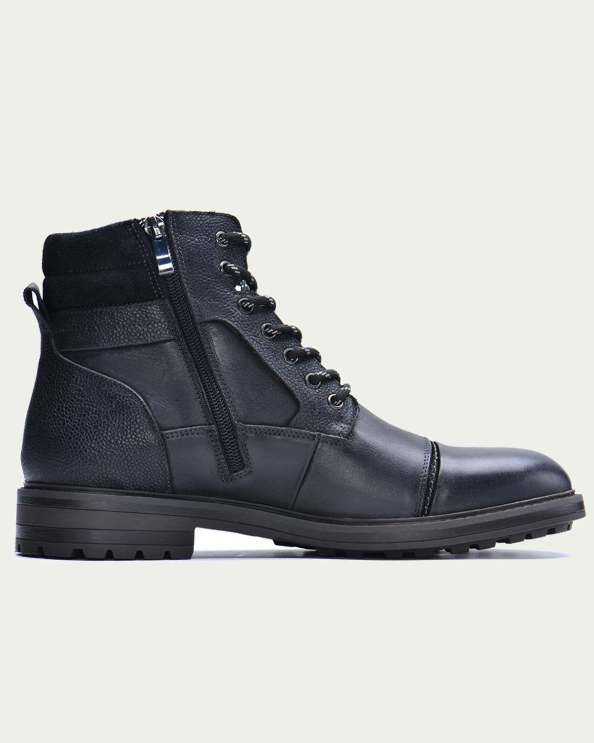 Men's Leather Lace-Up Ankle Boots - Cap Toe, Side Zip - Black