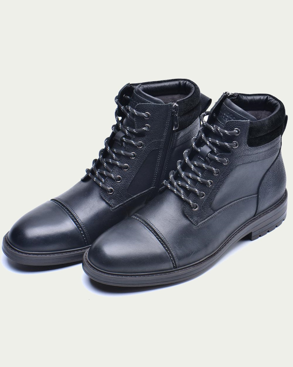 Men's Leather Lace-Up Ankle Boots - Cap Toe, Side Zip - Black
