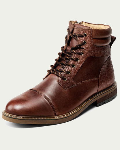 Men's Leather Lace-Up Ankle Boots - Cap Toe, Side Zip - Brown