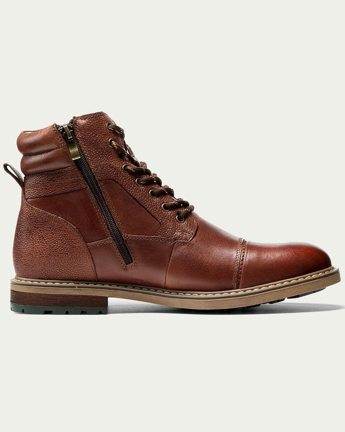 Men's Leather Lace-Up Ankle Boots - Cap Toe, Side Zip - Brown