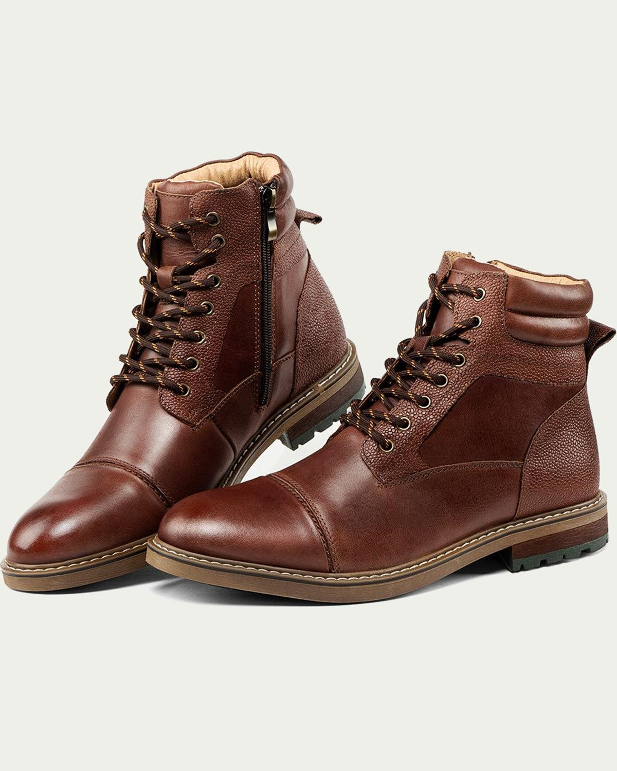 Men's Leather Lace-Up Ankle Boots - Cap Toe, Side Zip - Brown