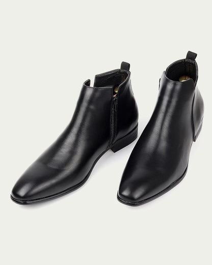 Men's Leather Chelsea Boots - Pointed Toe, Side Zip - Black