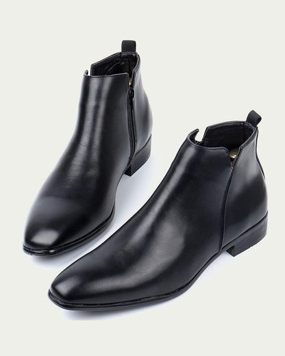 Men's Leather Chelsea Boots - Pointed Toe, Side Zip - Black