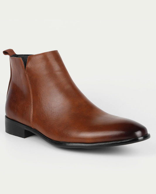Men's Leather Chelsea Boots - Pointed Toe, Side Zip - Brown