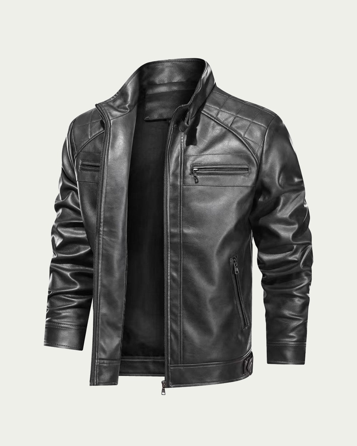 Men's Faux Leather Biker Jacket - Stand Collar Zip Through - Black