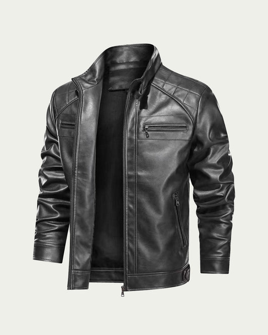 Men's Faux Leather Biker Jacket - Stand Collar Zip Through - Black