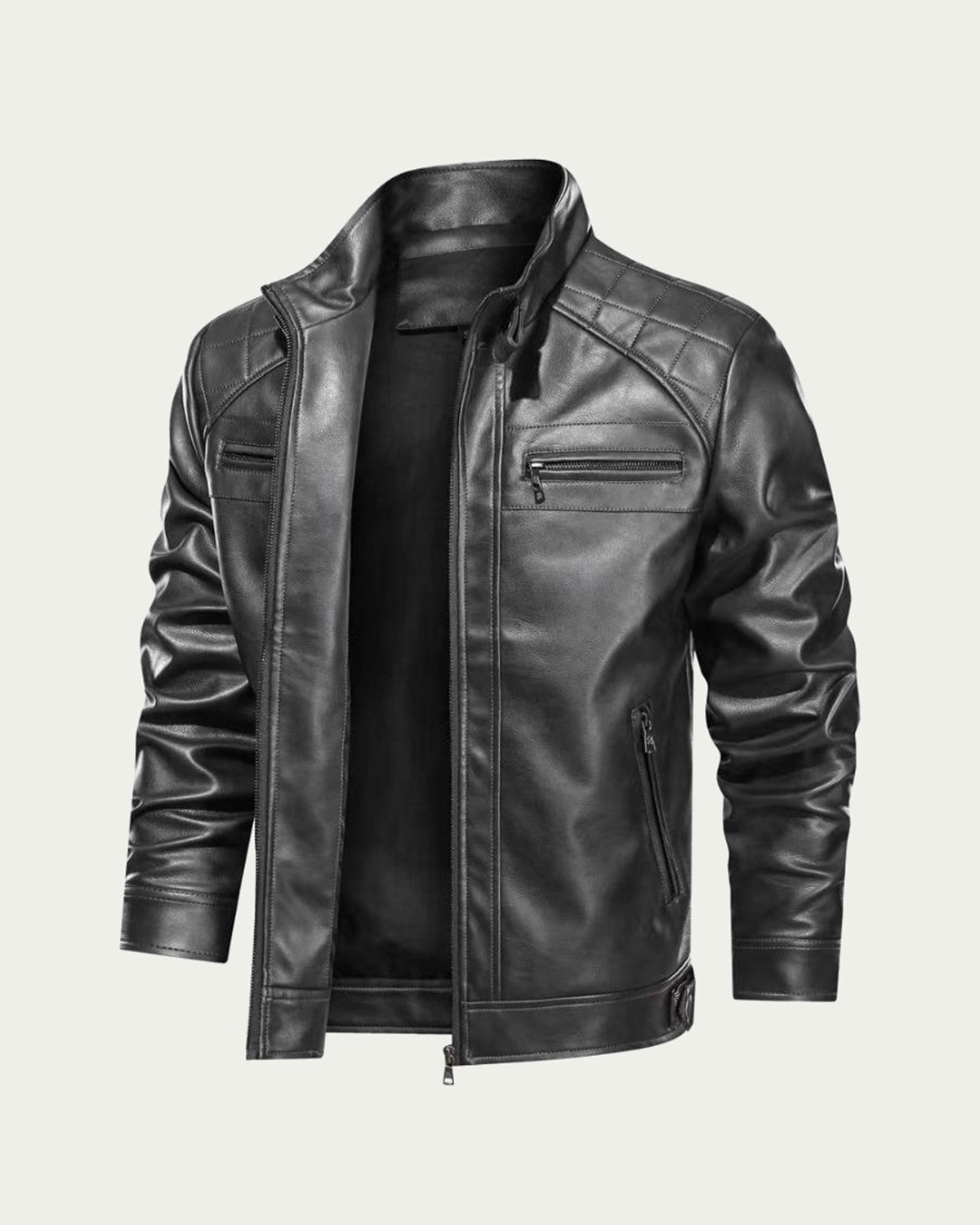 Men's Faux Leather Biker Jacket - Stand Collar Zip Through - Black