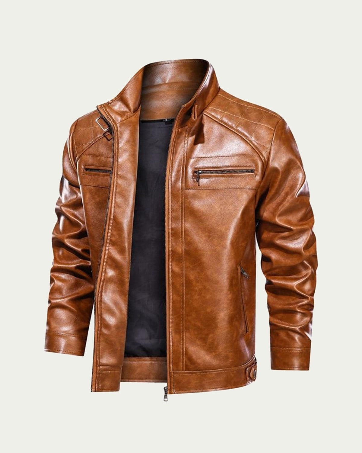 Men's Faux Leather Biker Jacket - Stand Collar Zip Through - Tan