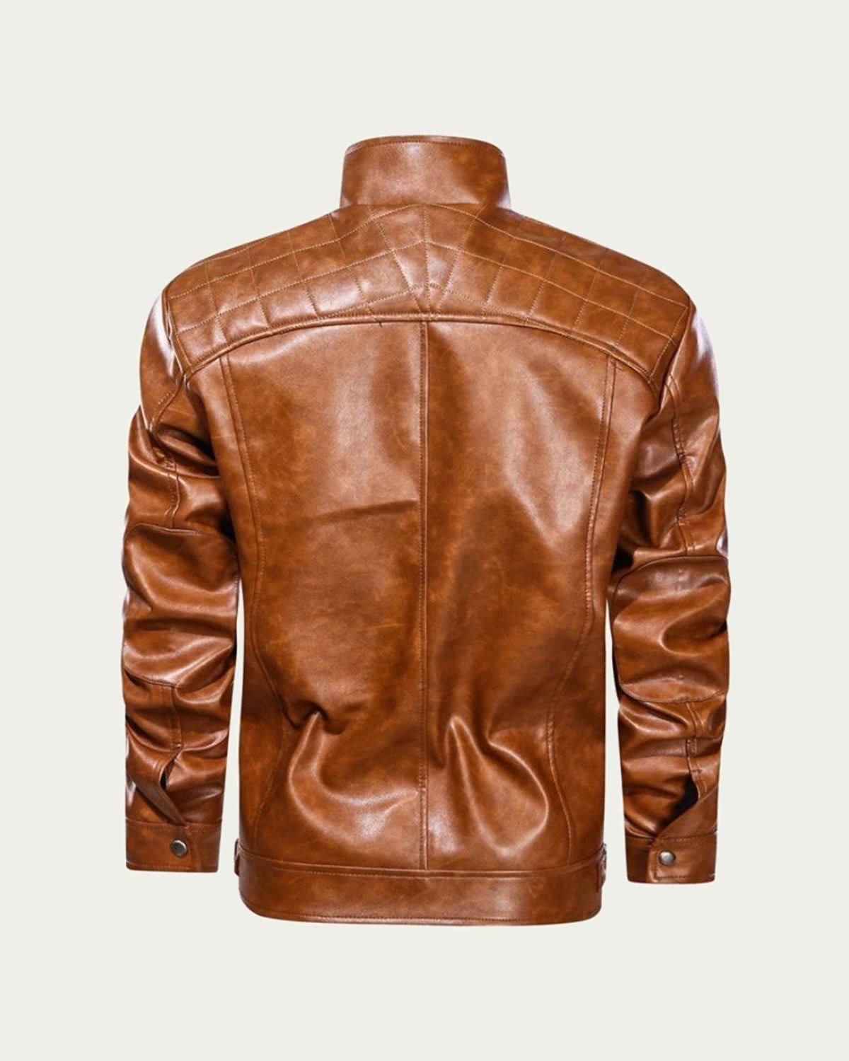 Men's Faux Leather Biker Jacket - Stand Collar Zip Through - Tan