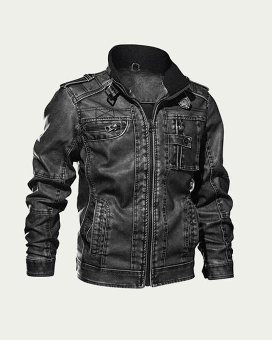 Men's Faux Leather Field Jacket - Stand Collar, Utility Pockets - Black