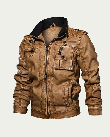 Men's Faux Leather Field Jacket - Stand Collar, Utility Pockets - Tan