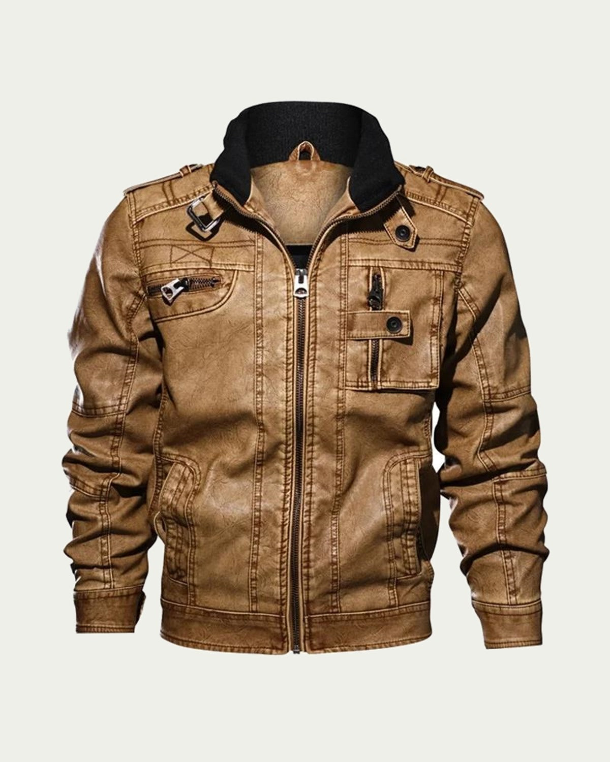 Men's Faux Leather Field Jacket - Stand Collar, Utility Pockets - Tan