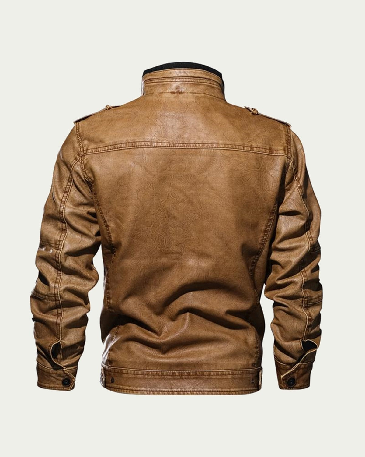 Men's Faux Leather Field Jacket - Stand Collar, Utility Pockets - Tan