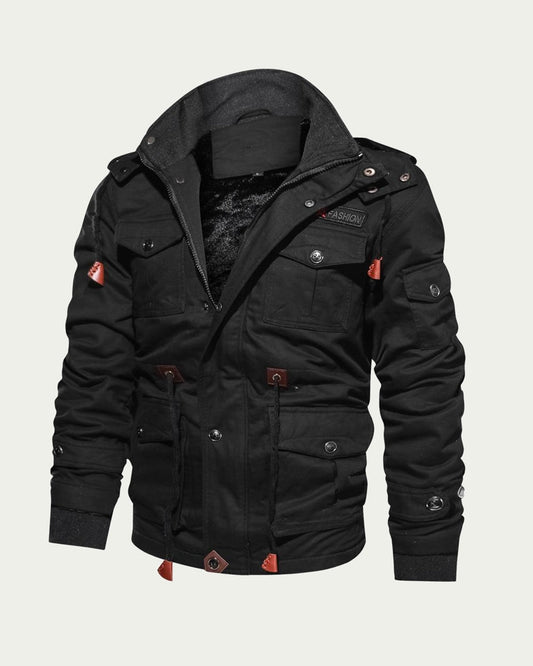 Men's Hooded Utility Jacket - Lined, Multi-Pocket - Black