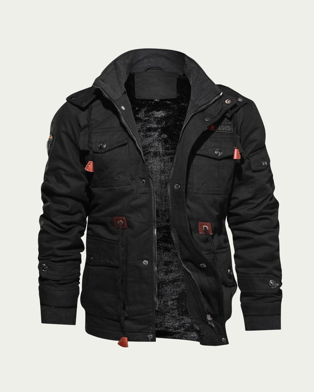 Men's Hooded Utility Jacket - Lined, Multi-Pocket - Black
