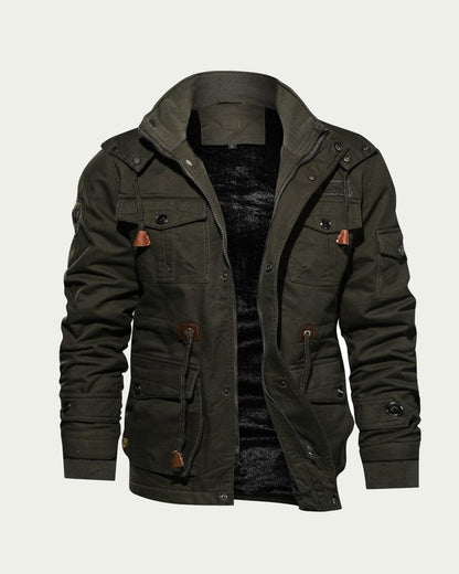 Men's Hooded Utility Jacket - Lined, Multi-Pocket - Army Green