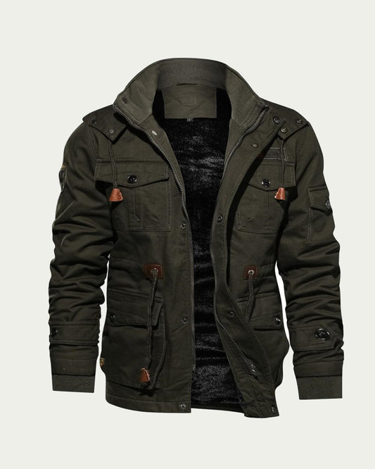 Men's Hooded Utility Jacket - Lined, Multi-Pocket - Army Green