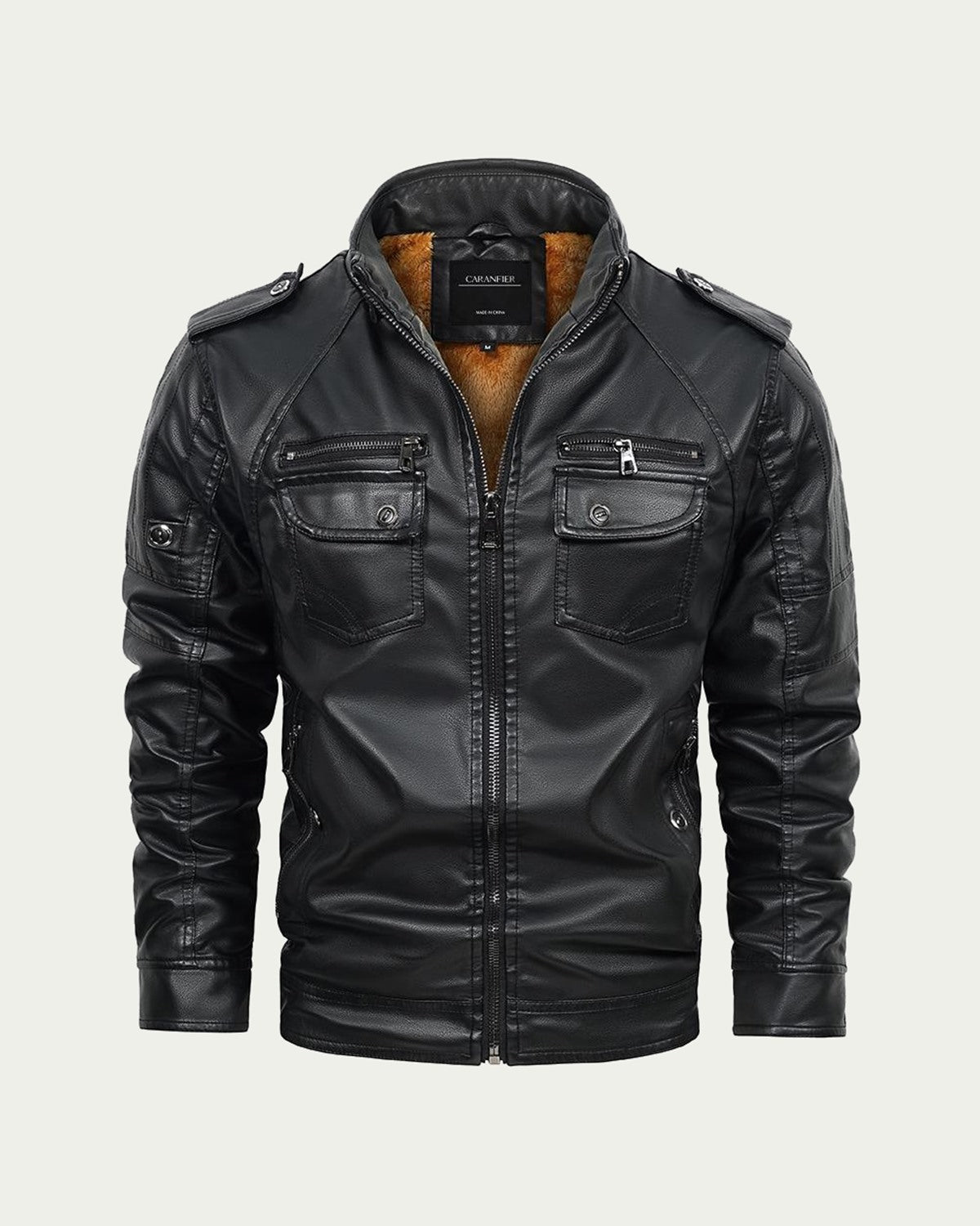 Men's Faux Leather Jacket with Faux Fur Lining - Stand Collar - Black