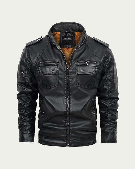 Men's Faux Leather Jacket with Faux Fur Lining - Stand Collar - Black