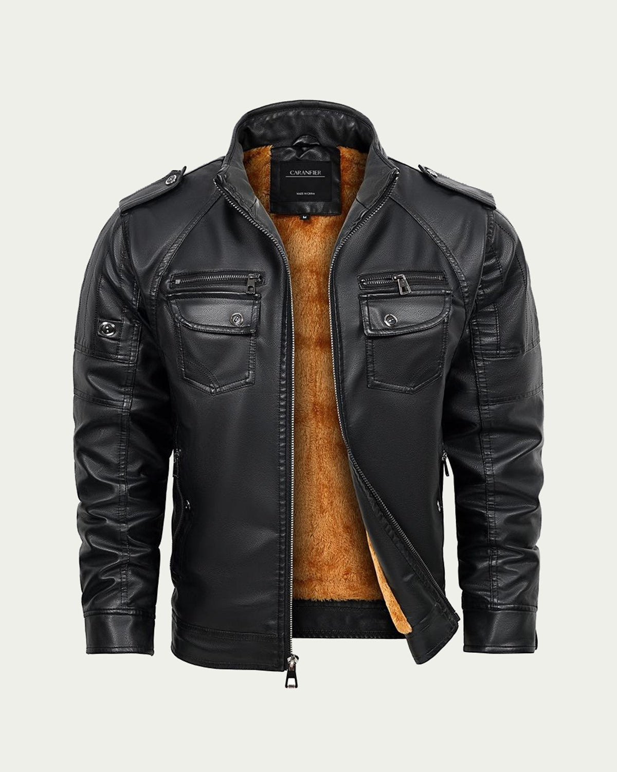 Men's Faux Leather Jacket with Faux Fur Lining - Stand Collar - Black