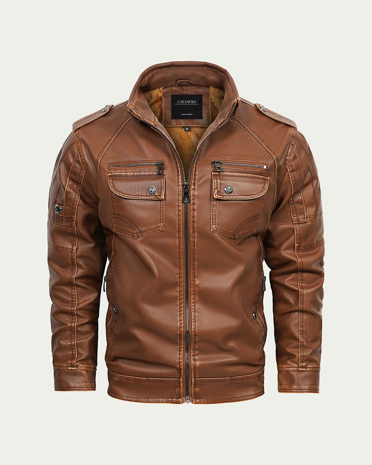 Men's Faux Leather Jacket with Faux Fur Lining - Stand Collar - Brown