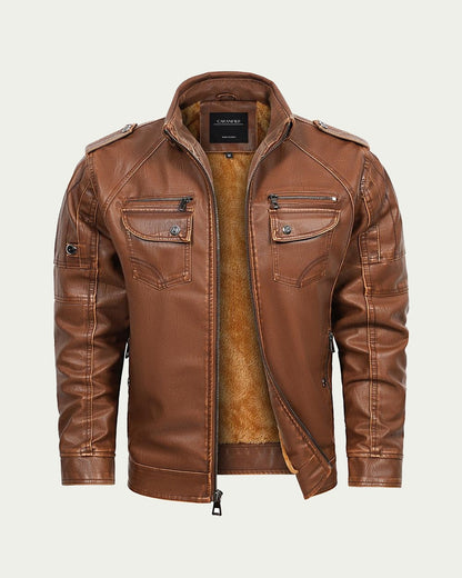 Men's Faux Leather Jacket with Faux Fur Lining - Stand Collar - Brown