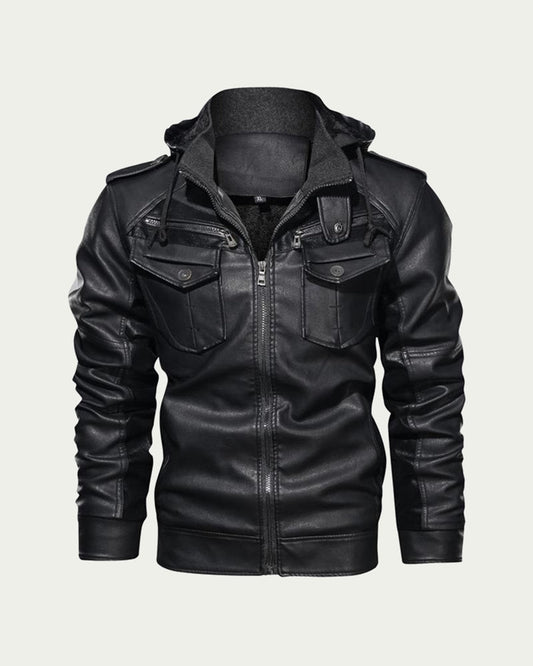 Men's Padded Faux Leather Hooded Jacket - Zip Through - Black