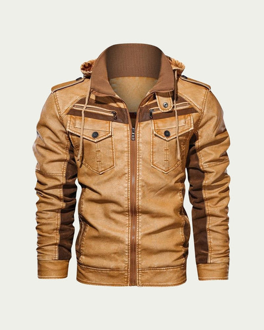 Men's Padded Faux Leather Hooded Jacket - Zip Through - Tan