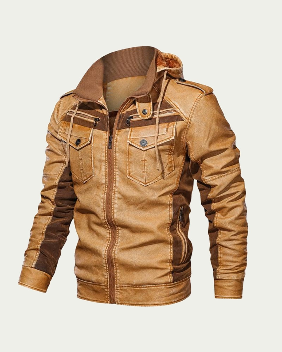 Men's Padded Faux Leather Hooded Jacket - Zip Through - Tan