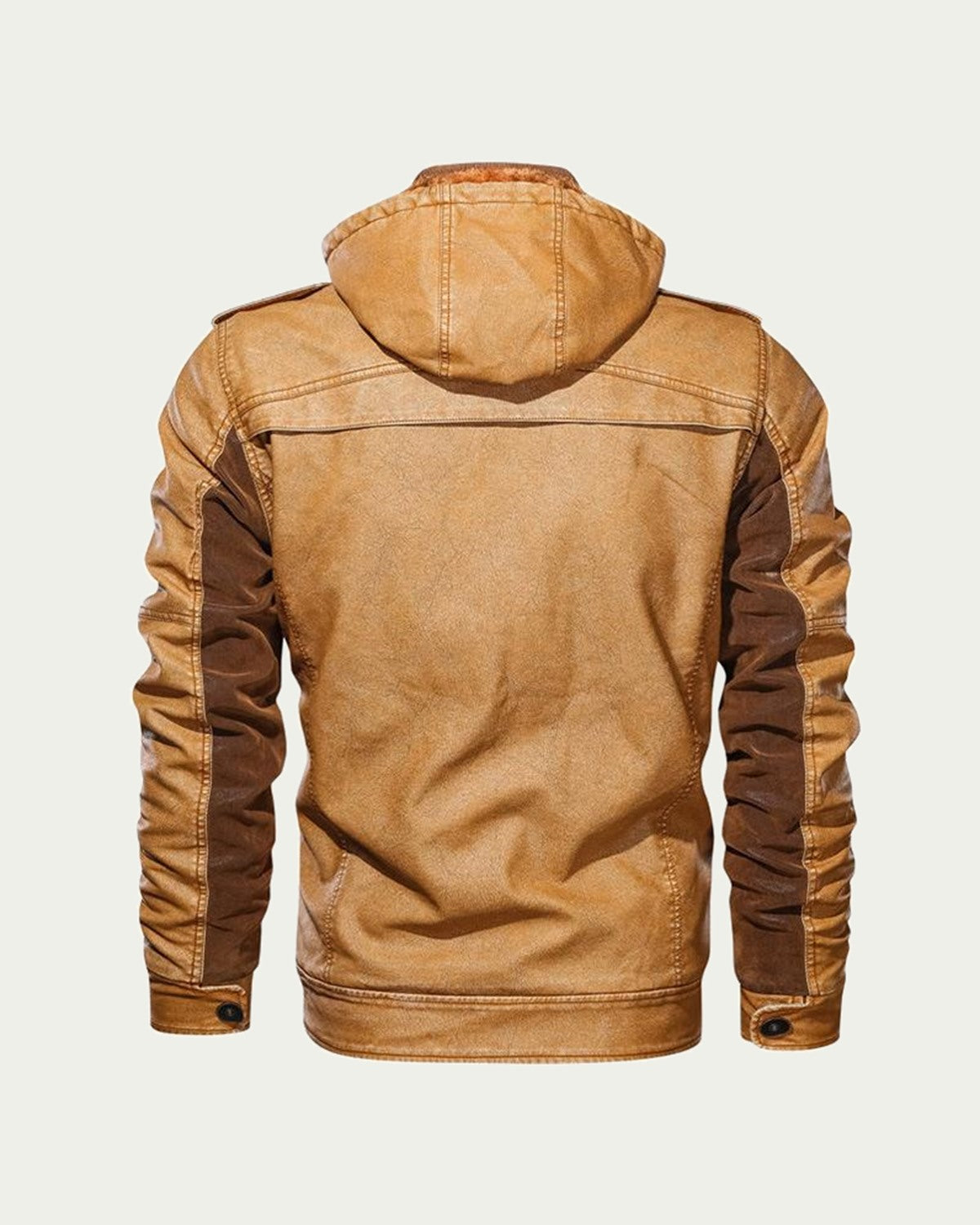 Men's Padded Faux Leather Hooded Jacket - Zip Through - Tan