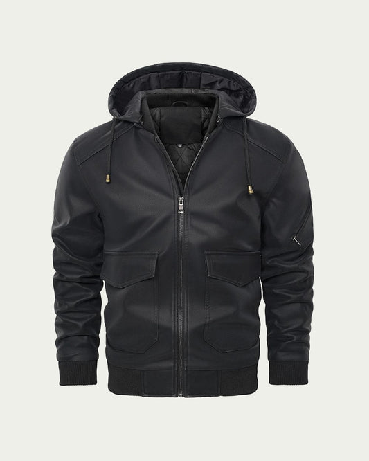Men's Faux Leather Bomber Jacket with Detachable Hood - Black