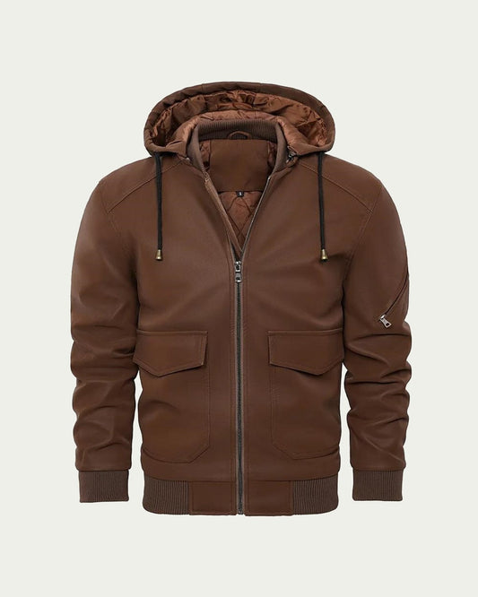 Men's Faux Leather Bomber Jacket with Detachable Hood - Brown
