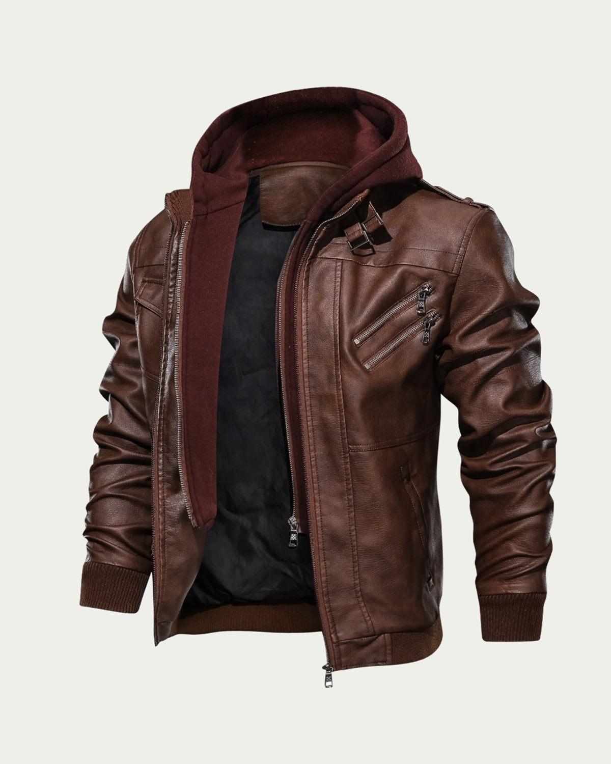 Men's Faux Leather Hooded Jacket - Zip Through Biker Style - Brown