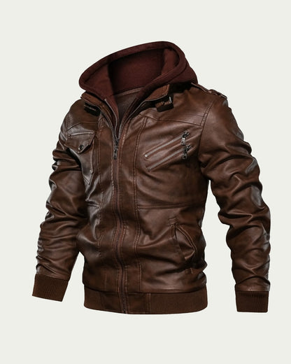 Men's Faux Leather Hooded Jacket - Zip Through Biker Style - Brown