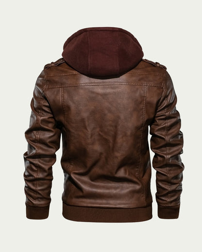 Men's Faux Leather Hooded Jacket - Zip Through Biker Style - Brown