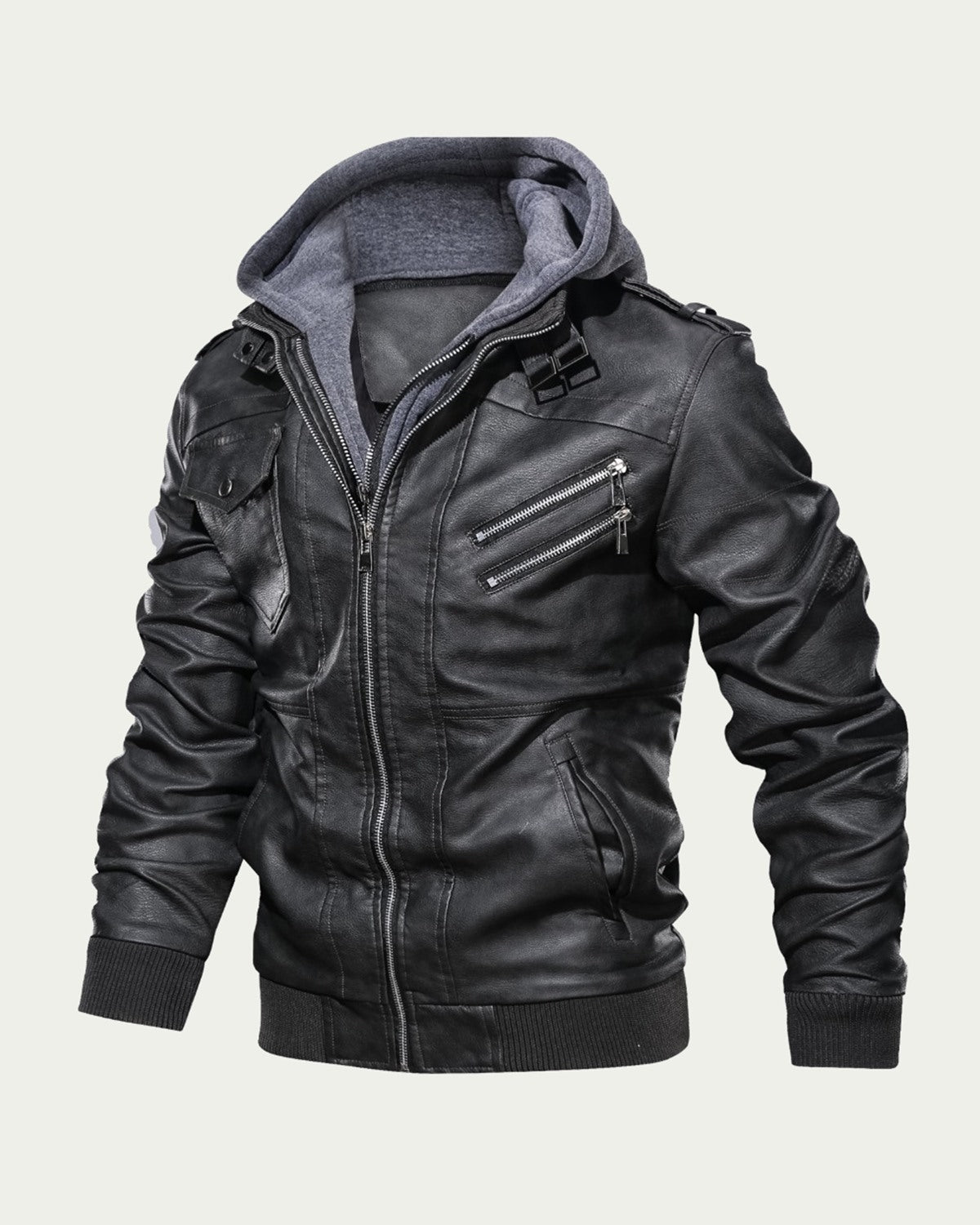 Men's Faux Leather Hooded Jacket - Zip Through Biker Style - Charcoal