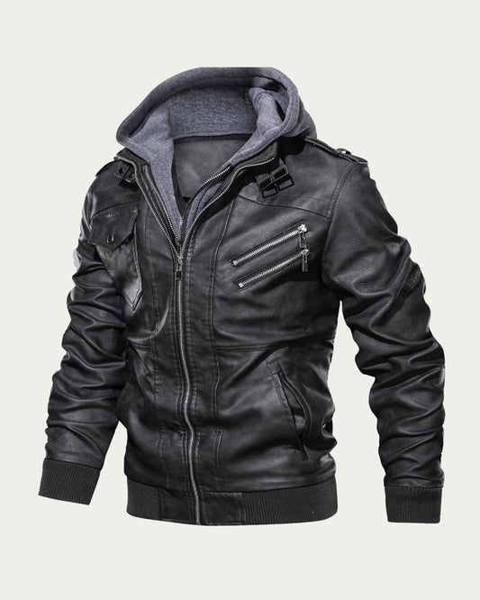 Men's Faux Leather Hooded Jacket - Zip Through Biker Style - Charcoal